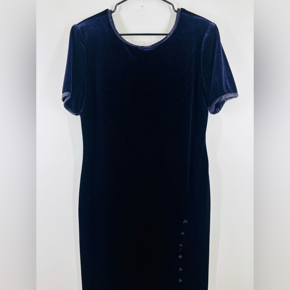 Vintage Y2K 90s Velvet Purple Button Slit Long Bodycon Dress Velour 12 - Picture 3 of 4